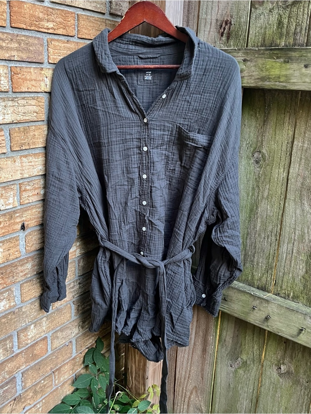 Aerie Charcoal Gray Gauze Button-Front Long Sleeve Romper